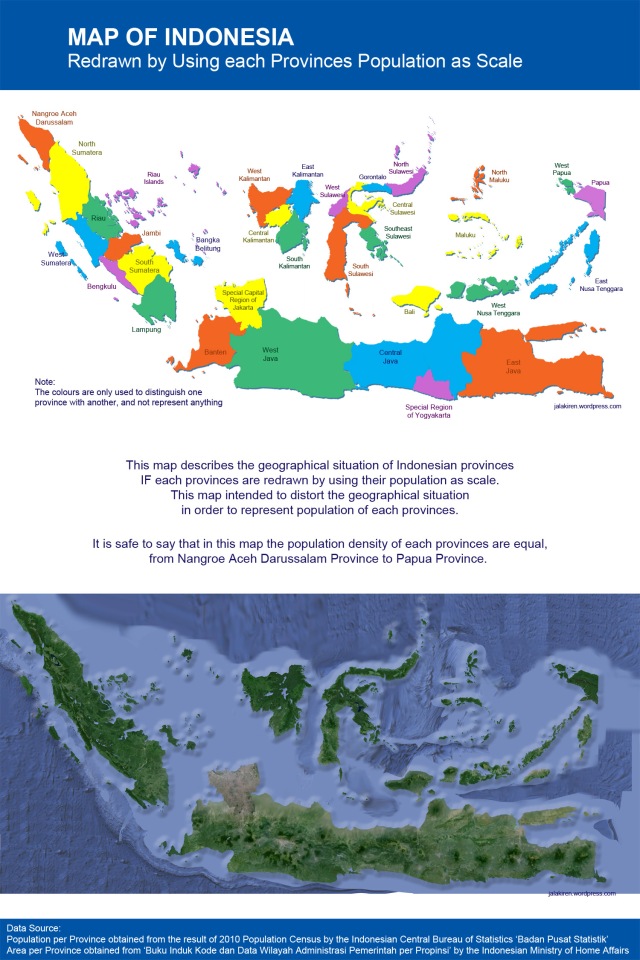 Infographic Map of Indonesia redrawn by using per province population as scale